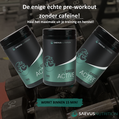 Green active pre workout in gym met dumbells