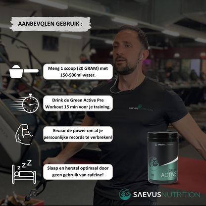 aanbevolen gebruik green active pre workout met man in gym 