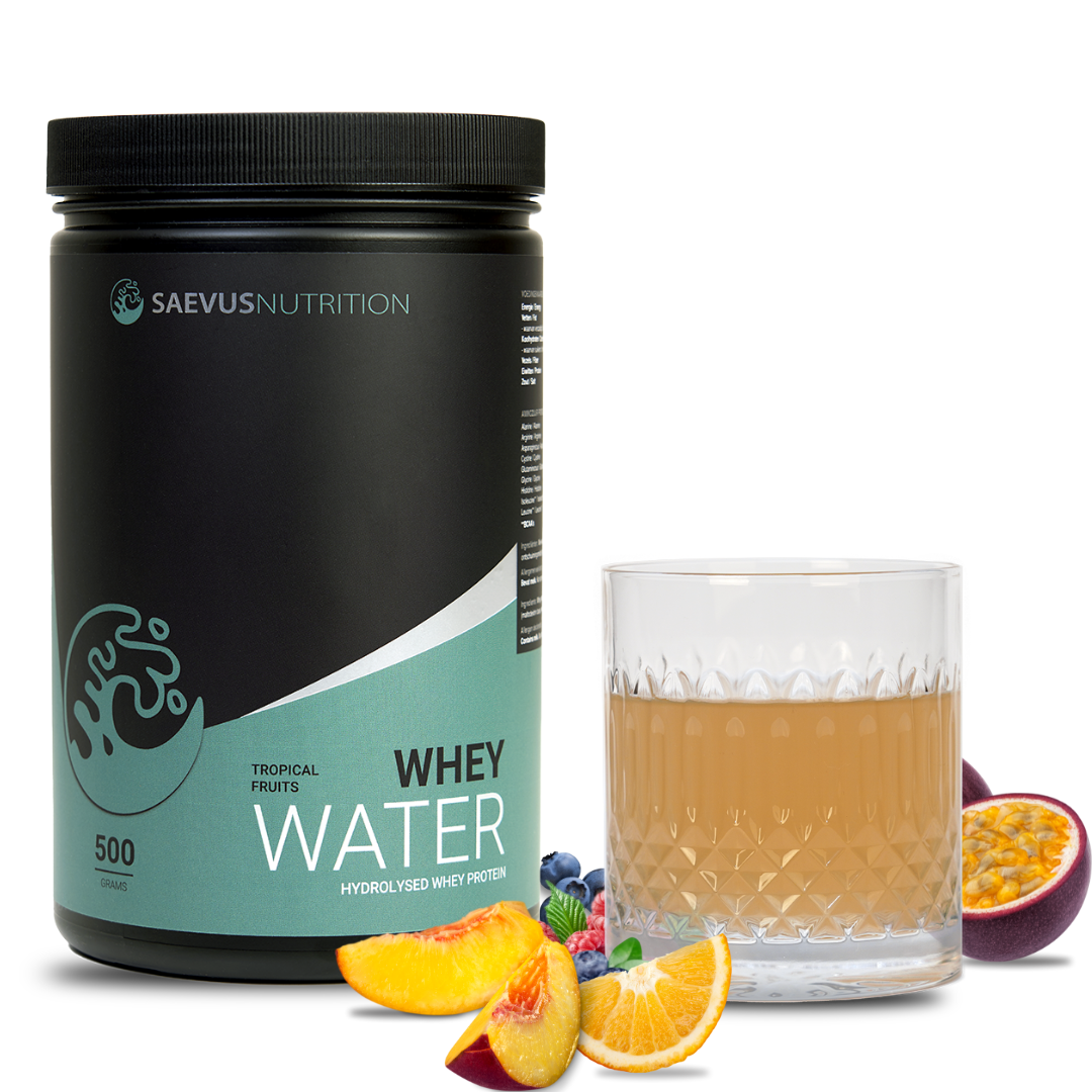 Clear whey pot smaak tropical fruits met glas en inhoud